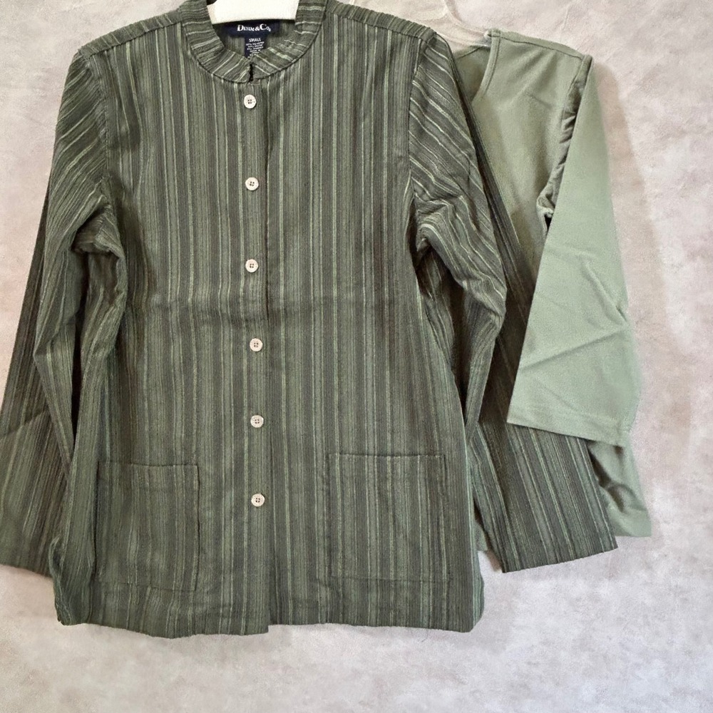 Denim & Co Womens Small Olive Green Striped Button Shirt and Tee 2 Piece Set